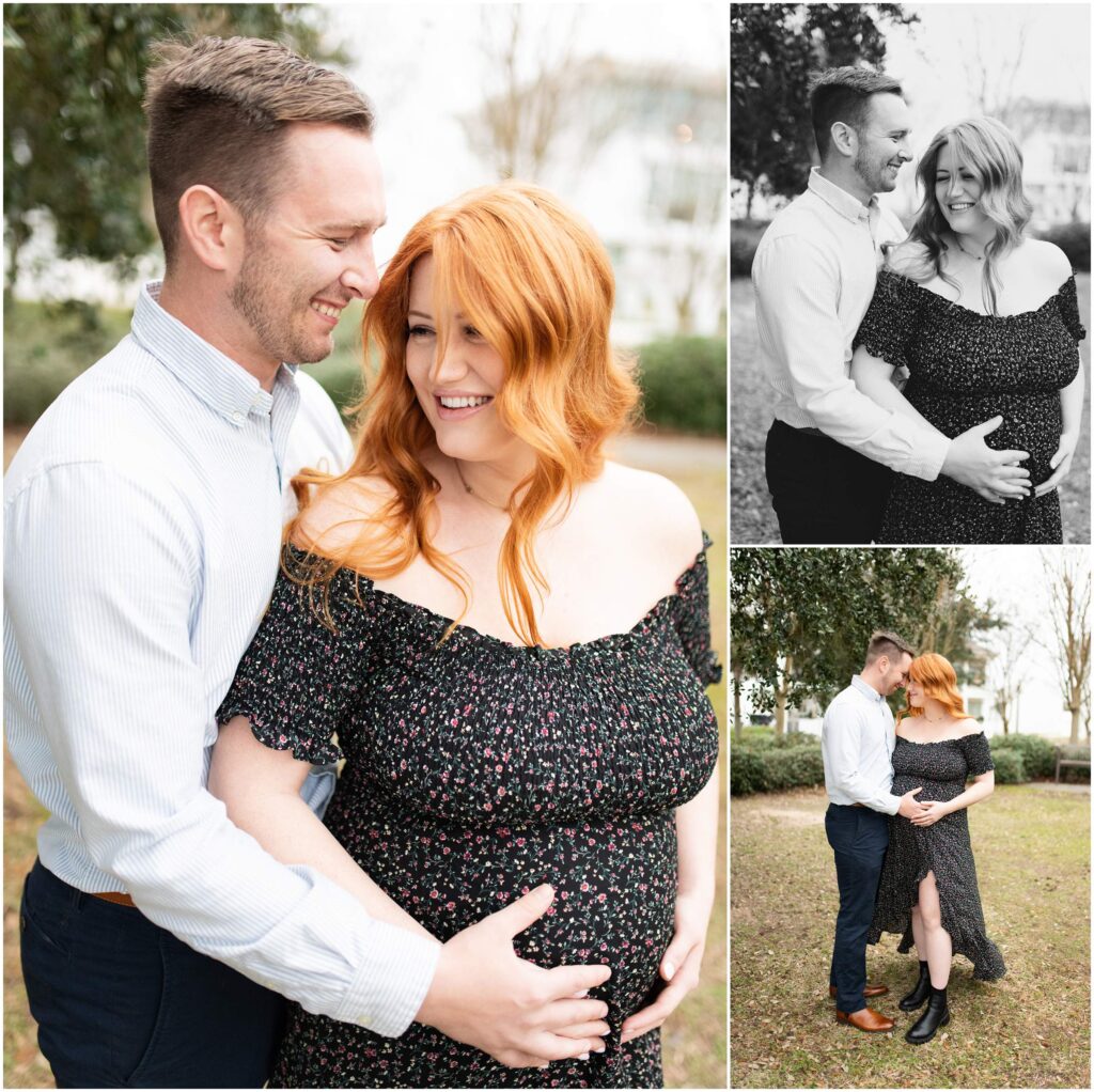 maternity session pensacola florida downtown park couple laughing
