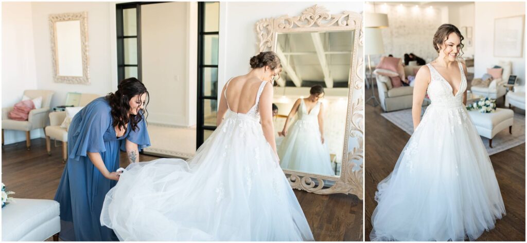 bride getting ready mother fluffing dress 5eleven bridal suite