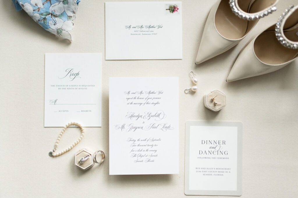 wedding invitation suite details flatlay