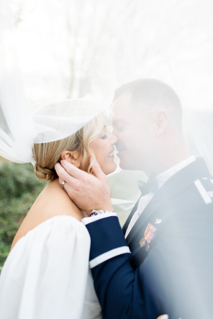 military downtown elopement wedding veterans park veil shot