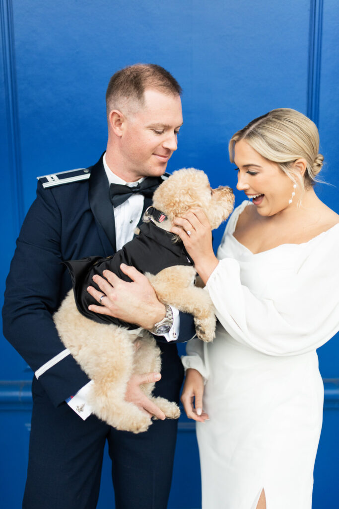 military downtown elopement wedding Agapi bistro and garden puppy dog