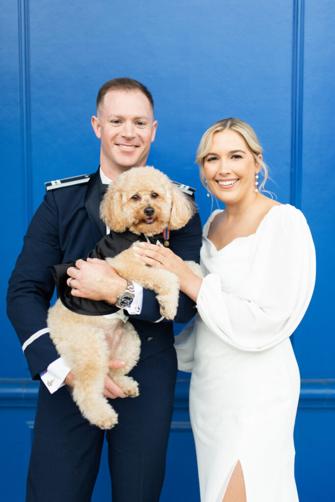 military downtown elopement wedding Agapi bistro and garden puppy dog